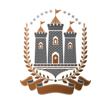 Antik kale amblemi. Hanedan arması, vintage vektör logosu. İzole beyaz zemin üzerine eski tarzı Retro logo.