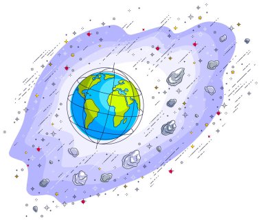 Uzayda Dünya gezegeni yıldızlarla, kuyruklu yıldızlarla, asteroidlerle ve diğer elementlerle çevrili. Sonsuz evrende küçük bir dünya. İnce çizgi 3d vektör çizimi beyaza izole edildi.