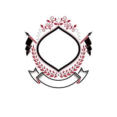 Antik yıldız, defne çelengi ve kurdele kullanılarak oluşturulmuş grafik amblemi. Heraldik vektör tasarım elementi. Retro biçim etiketi, heraldry logosu. 