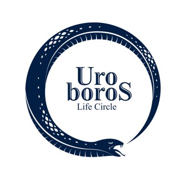 Yılan kendi hikayesini yiyor, Uroboros Yılan daire şeklinde, sonsuz yaşam ve ölüm döngüsü, Ouroboros antik sembol çizim logosu, amblem veya dövme şeklinde..