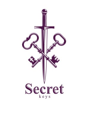 Çapraz anahtarlar ve hançer vektör sembolü, anahtarlar ve kılıç, koruma sırları, güvenli güç, antika logo veya amblem.
