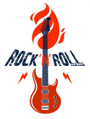 Elektro gitar vektör logosu, konser festivali ya da gece kulübü etiketi, müzik teması illüstrasyonu, gitar dükkanı ya da tişört baskısı olan Rock and Roll amblemi, stil tipografisi olan rock grubu işareti.