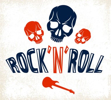 Skull in Hard Rock müzik vektör logosu veya amblemi, agresif kafatası ölü kafa Rock and Roll etiket, Punk festival konser veya kulüp, müzik aletleri dükkanı veya kayıt stüdyosu.