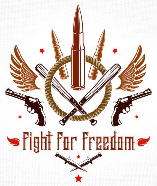 Kurşunlar ve silahlar Devrim ve Savaş 'ın amblemi, farklı tasarım unsurları, anarşi ve kaos konsepti, suç ve gangster tarzı, sosyal gerilim temalı logo veya dövme.