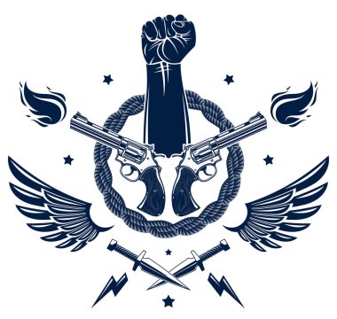 Devrim ve Riot agresif amblemi veya güçlü sıkılmış yumruk, silah ve farklı tasarım unsurları, vektör dövmesi, anarşi ve kaos, isyancı partizan ve devrimci.