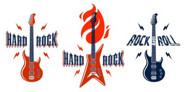 Elektro gitar vektör logolu Hard Rock amblemleri, konser festivali veya gece kulübü etiketleri, müzik temalı illüstrasyonlar, gitar dükkanı veya tişört baskısı, stil tipografisi olan rock grubu işareti.