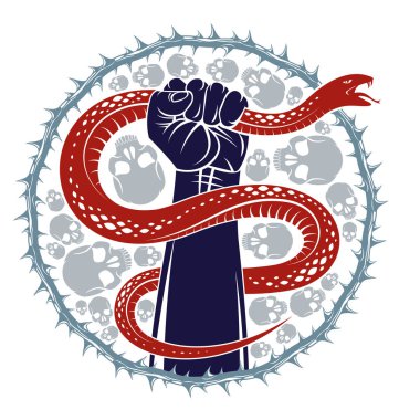 El yılanı sıkar, şeytana ve şeytana karşı savaşır, içindeki hayvanı kontrol eder, prototip gölge, hayat bir dövüş konseptidir, klasik vektör logosu ya da dövmedir..