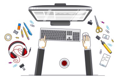 Bir bilgisayar üzerinde çalışan ofis çalışanı ya da girişimci, insan eli ve çeşitli kırtasiye eşyalarıyla çalışma masasının üst görüntüsü. Tüm elementleri ayrı ayrı kullanmak kolaydır. Vektör illüstrasyonu.