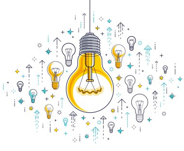 Parlak ampul ve ampul ikonları, yaratıcı fikirler, beyin fırtınası kinayesi, vektör illüstrasyonu.