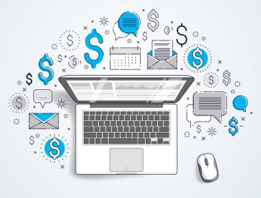 Laptop ile istatistik infographics ve dizi simgeleri, online iş, Internet elektronik mali, vektör tasarımı.