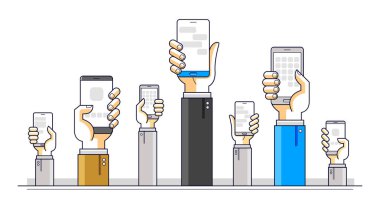 İnternet iletişimi ve etkinliği, insanların el ele tutuşmaları ve uygulamaları kullanmaları, küresel ağ, modern iletişim, kurye veya sosyal medya kavramı, vektör tasarımı.