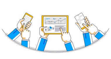 Internet ekip çalışması online ekibi çalışma ve telefonları ve tablet, vektör çizim alet ve apps, işadamları ellerini kullanarak iletişimi sahip.