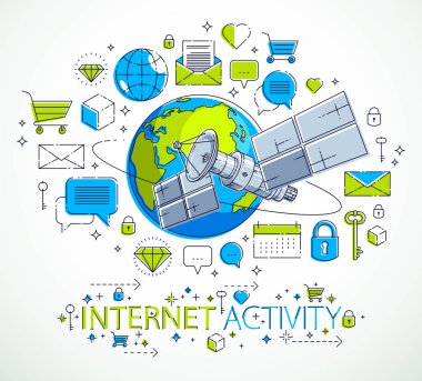 Simge seti, internet etkinliği, çevrimiçi ödemeler, elektronik iş konsepti, pazar yeri veya dükkan, vektör tasarımı içeren gezegen ve uydu yörünge uçuşları.