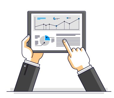 İnternet iletişimi ve etkinliği, erkek eli tableti tutuyor ve uygulamaları kullanıyor, küresel ağ, modern iletişim, haberci ya da sosyal medya kavramı, vektör tasarımı.