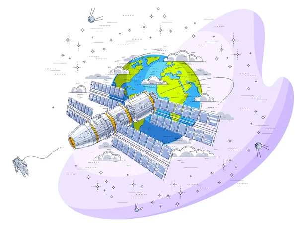 Raumstation Die Orbit Die Erde Fliegt Raumschiff Mit Sonnenkollektoren Künstlicher — Stockvektor