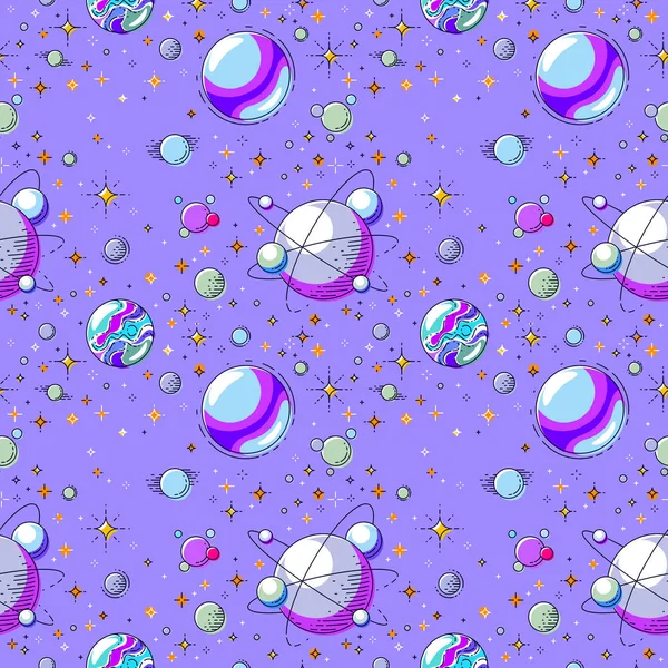 Gezegenler, yıldızlar, asteroitler ve kuyruklu yıldızlar, keşfedilmemiş galaksi fantastik ve ilginç çocuklar için tekstil kumaşı, sonsuz döşeme deseni, vektör çizimi.