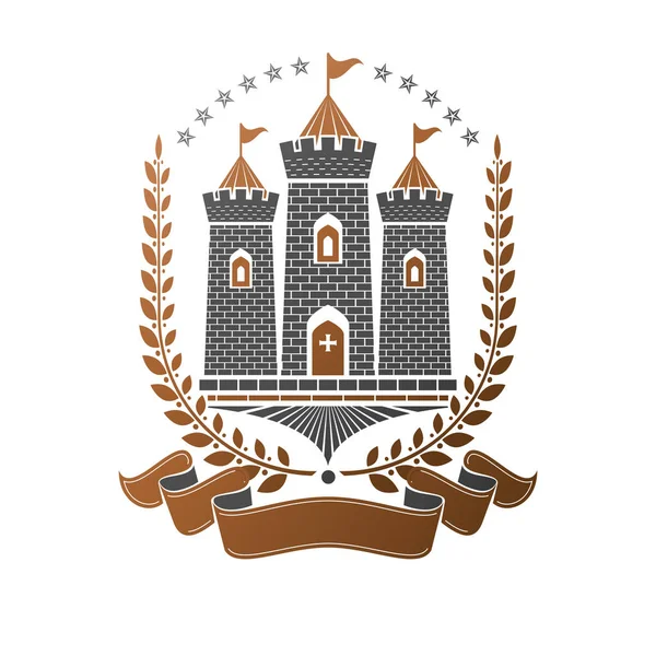 Antiguo Emblema Fortaleza Escudo Armas Heráldico Logotipo Vector Vintage Logotipo — Vector de stock