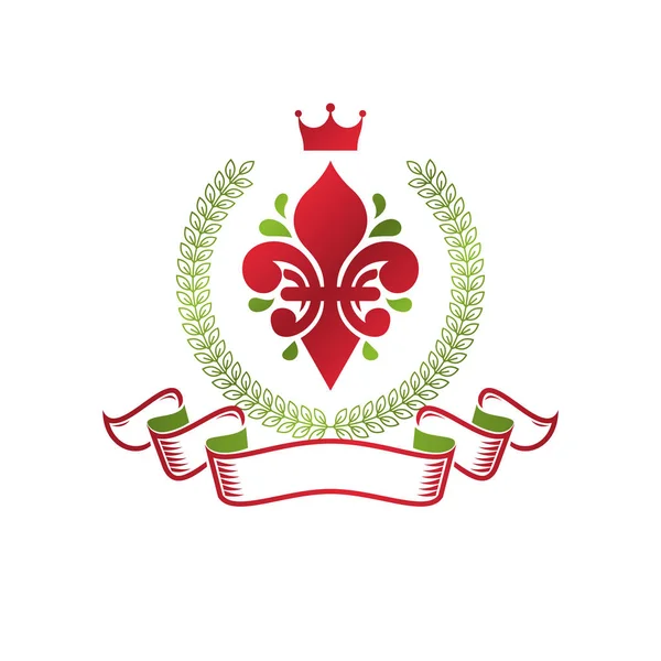 Heraldický Erb Ozdobný Znak Liliovými Květy Královskou Korunou Ekologický Výrobek — Stockový vektor