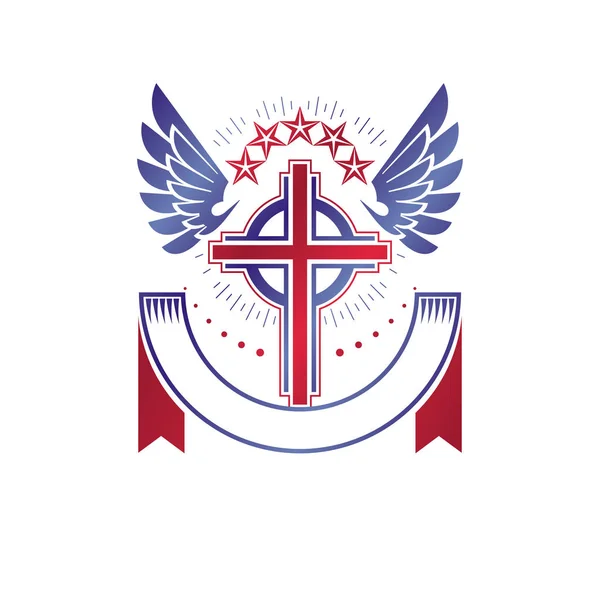 Cruz Del Cristianismo Emblema Alado Gráfico Libre Elemento Diseño Vectorial — Vector de stock
