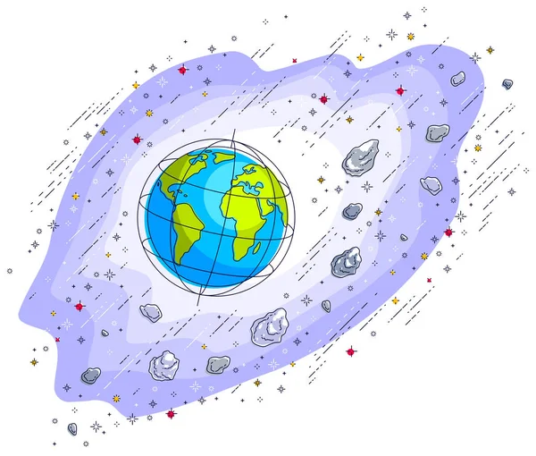小惑星や他の要素に囲まれた宇宙空間の惑星地球 無限の宇宙の小さな地球 白い線で区切られた細い線の3Dベクトルイラスト — ストックベクタ