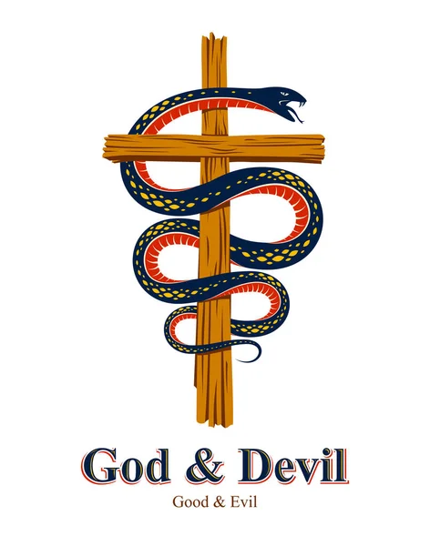 Serpente Avvolge Croce Cristiana Lotta Tra Bene Male Santo Peccatore — Vettoriale Stock
