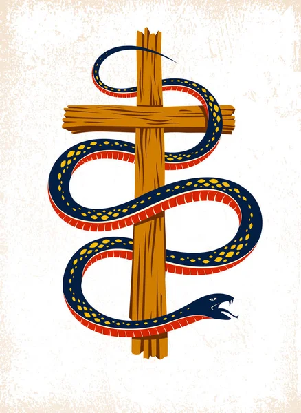 Змея Кресте Винтажная Татуировка Змея Обертывается Вокруг Христианского Креста Бог — стоковый вектор