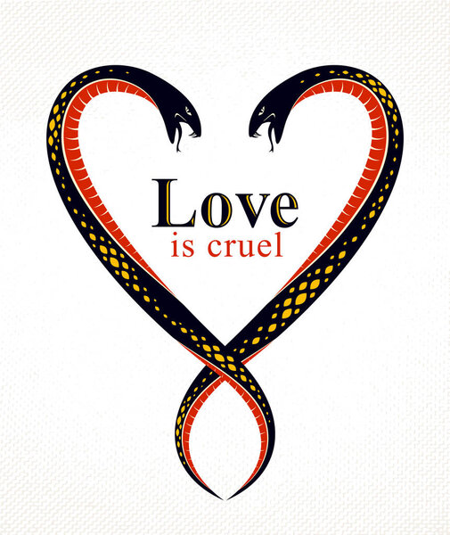 Two Snakes in a shape of heart, love is cruel concept, lovers couple arguing, quarrels in relations, vector logo emblem or tattoo in vintage classic style.