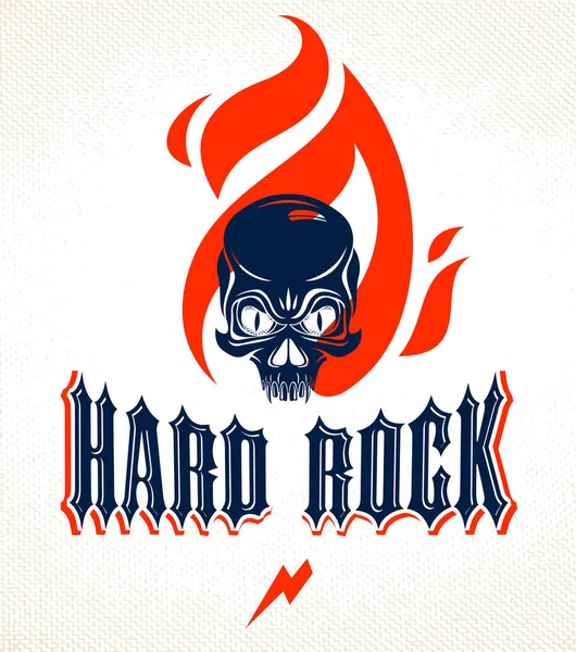 Skull in a flames Hard Rock music vector logo or emblem, aggressive skull dead head on fire Rock and Roll label, Punk festival concert or club, musical instruments shop or recording studio.