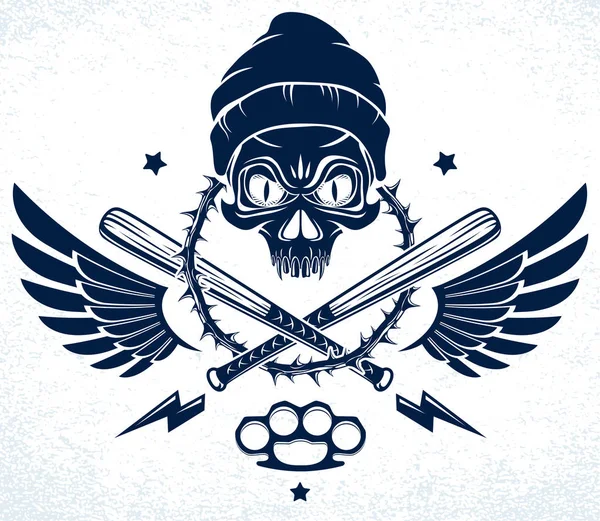 Gangster Amblemi Logosu Veya Dövmesi Agresif Kafatası Beyzbol Sopaları Diğer — Stok Vektör