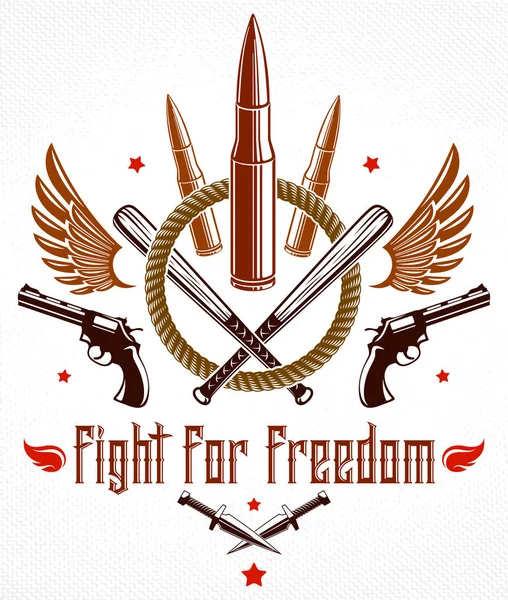 Kurşunlar ve silahlar Devrim ve Savaş 'ın amblemi, farklı tasarım unsurları, anarşi ve kaos konsepti, suç ve gangster tarzı, sosyal gerilim temalı logo veya dövme.