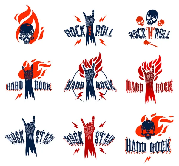Rock Handzeichen Brand Gesetzt Heiße Musik Rock Roll Geste Flammen — Stockvektor