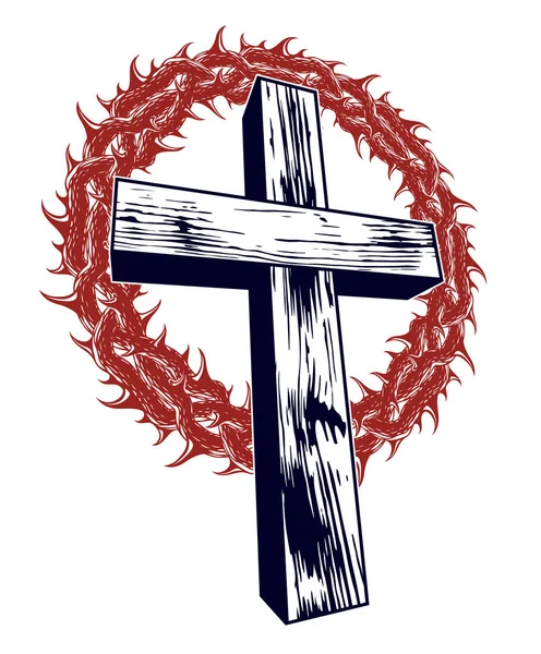 Christian cross with blackthorn thorn vector religion logo or tattoo, passion of the Christ.