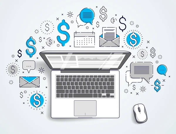 Laptop Statystyki Infografiki Zestaw Ikon Biznes Online Elektroniczny Finanse Internet — Wektor stockowy
