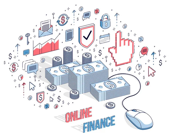 Online Finansiera Koncept Web Betalningar Internet Inkomster Internetbanker Pengar Stacks — Stock vektor