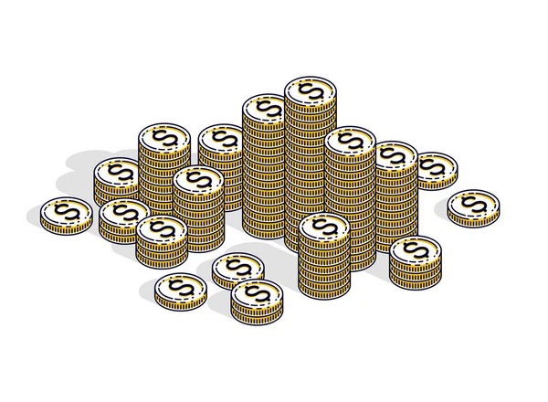 現金お金コイン セントのスタックが白い背景に分離されました ベクトル の等尺性のビジネスと金融のイラスト 薄型ライン デザイン — ストックベクタ