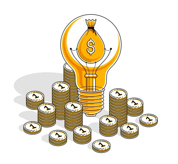商业创意理念 灯泡与现金栈和硬币堆 矢量业务与财务设计 等距线图 — 图库矢量图片