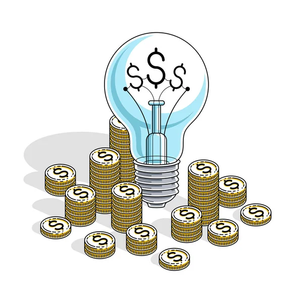 Business Start Idea Concept Light Bulb Cash Money Stack Coins — Stock Vector