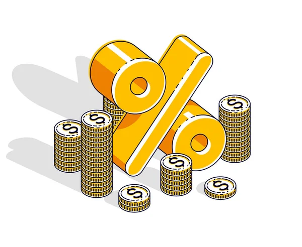 百分比率收益的概念 百分比维度符号与现金堆栈隔离在白色的背景 矢量3D 等距业务和财务插图 细线设计 — 图库矢量图片
