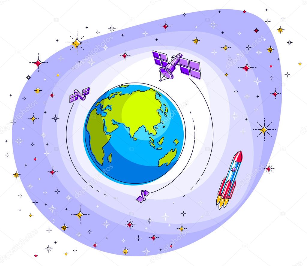 Planet Earth in space surrounded by artificial satellites, stars and other elements. Global communication technology theme. Thin line 3d vector illustration isolated on white.