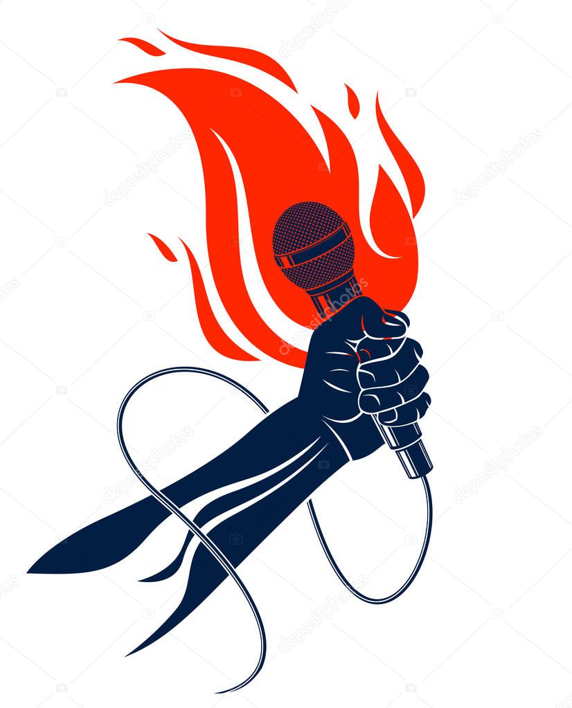 Microphone in hand on fire, hot mic in flames live show, rap battle rhymes music, concert festival or night club label, karaoke singing or standup comedy, vector logo, t-shirt print.
