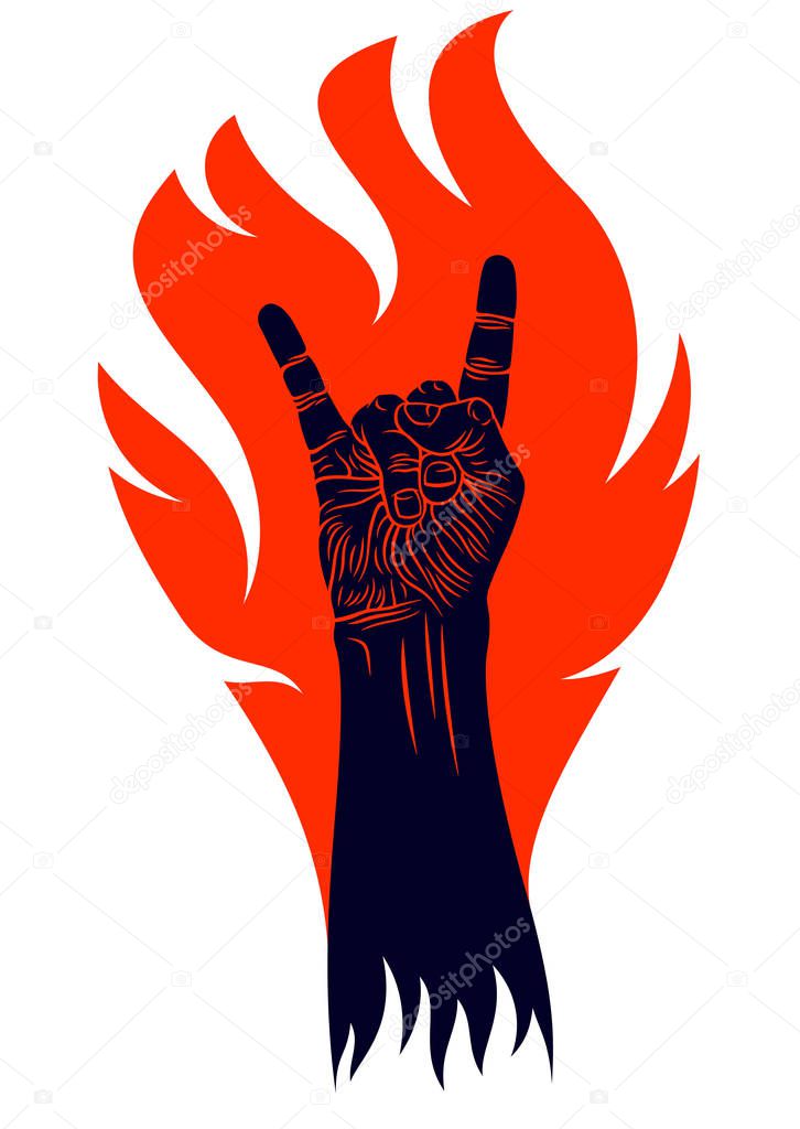 Rock hand sign on fire, hot music Rock and Roll gesture in flames, Hard Rock festival concert or club, vector label emblem or logo, musical instruments shop or recording studio.