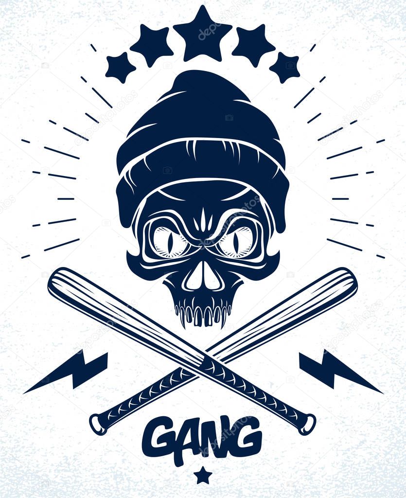 Gangster emblem logo or tattoo with aggressive skull baseball bats design elements, vector, criminal ghetto vintage style, gangster anarchy or mafia theme.
