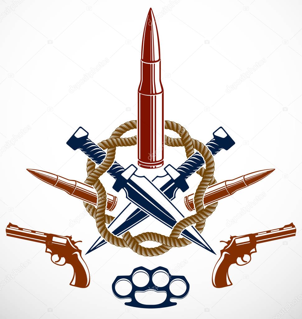 Bullets and guns vector emblem of Revolution and War, logo or tattoo with lots of different design elements, anarchy and chaos concept, criminal and gangster style, social tension theme.