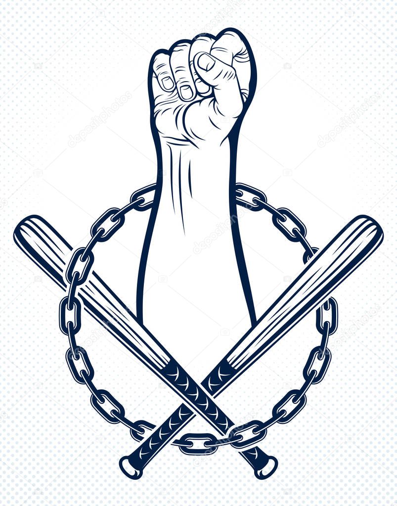 Anarchy and Chaos aggressive emblem or logo with strong clenched fist, vector vintage style tattoo, rebel rioter partisan and revolutionary.