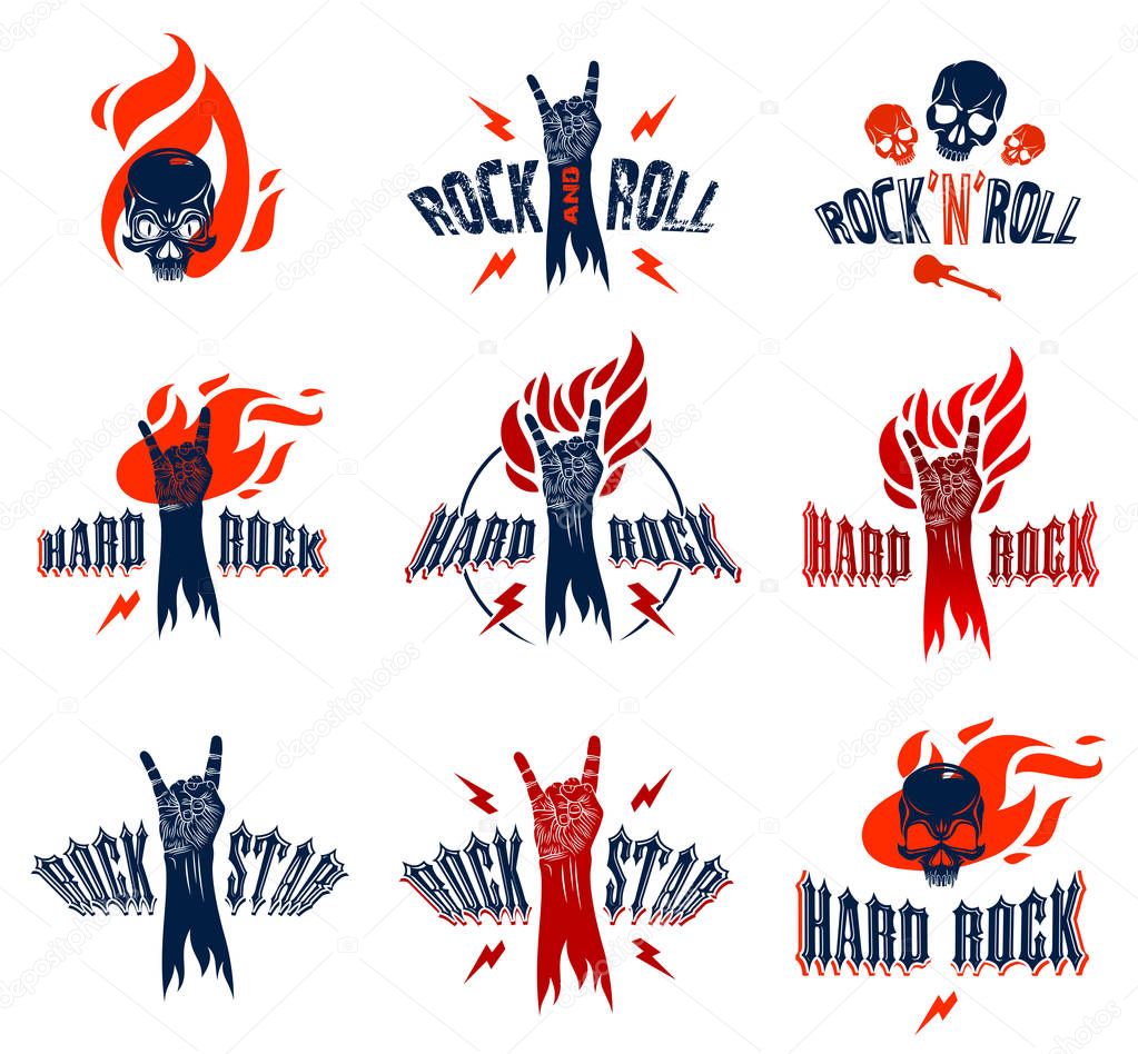 Rock hand sign on fire set, hot music Rock and Roll gesture in flames, Hard Rock festival concert or club, vector labels emblems or logos, musical instruments shop or recording studio.