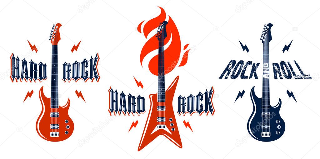 Hard Rock emblems with electric guitar vector logos set, concert festival or night club labels, music theme illustrations, guitar shop or t-shirt print, rock band sign with stylish typography.