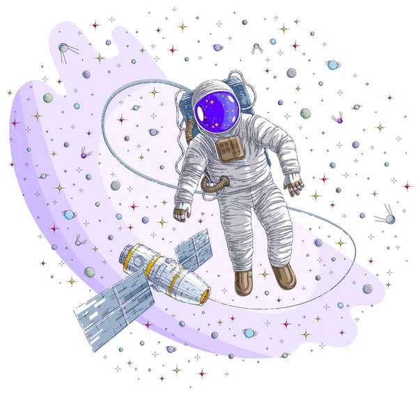 Astronaut uitging in open ruimte aangesloten op ruimtestation, s — Stockvector