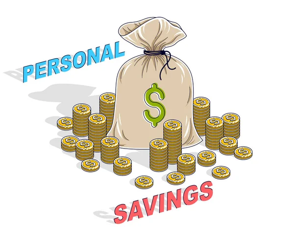 Концепція особистих заощаджень, сумка з монетами стовпчики ізольовані — стоковий вектор