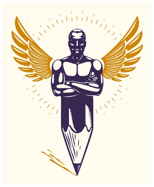 Strongman izom férfi kombinálva ceruzával és szárnyak egy szimbólu — Stock Vector