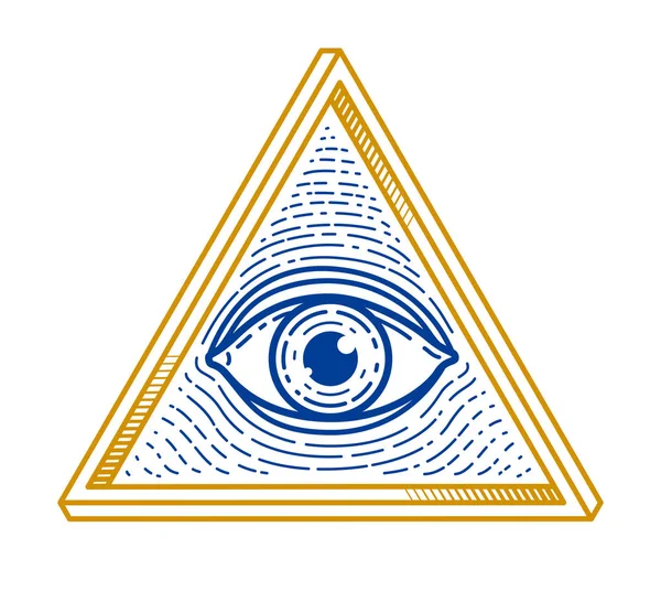 Todos viendo el ojo de Dios en el triángulo de geometría sagrada, mampostería y yo — Vector de stock